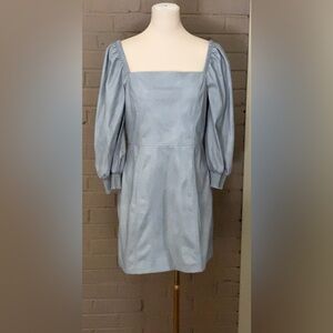 7 For All Mankind soft faux leather icy blue square neck puff sleeve dress  L